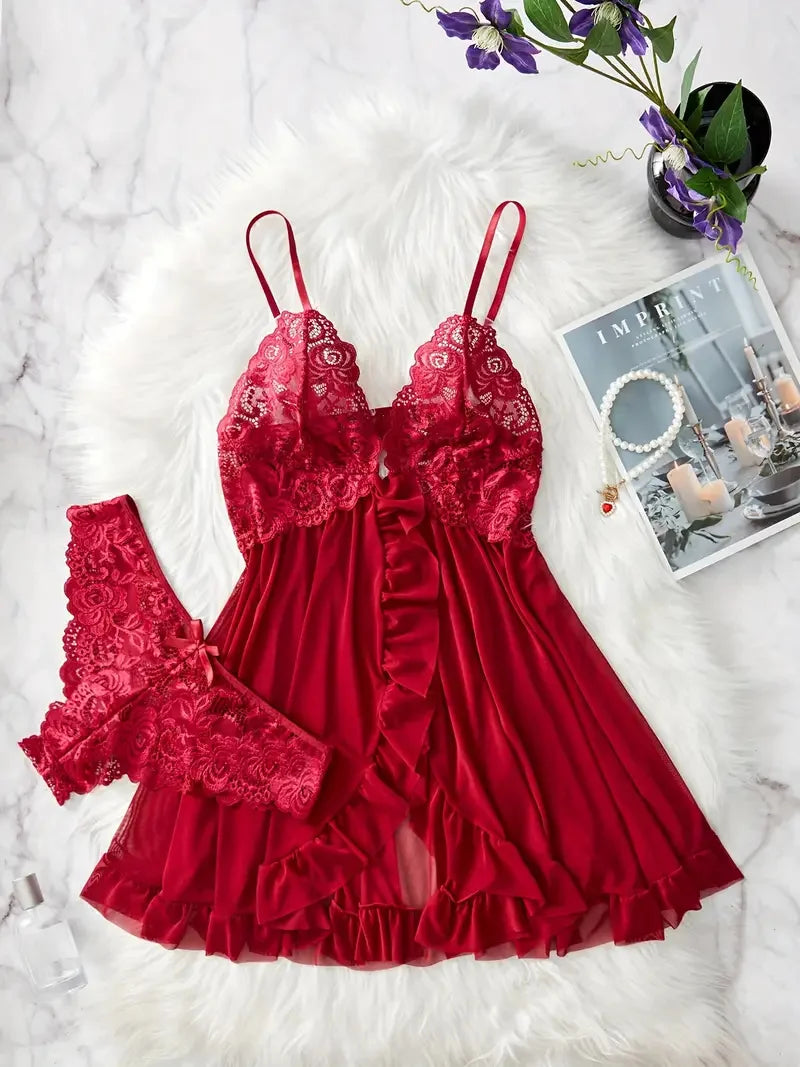 Contrast Lace Ruffle Trim Lingerie Set