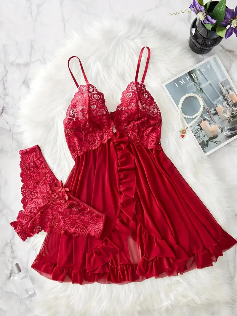 Contrast Lace Ruffle Trim Lingerie Set