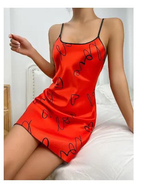 Sleepwear Women's Sexy Lingerie Heart Print Nightdress