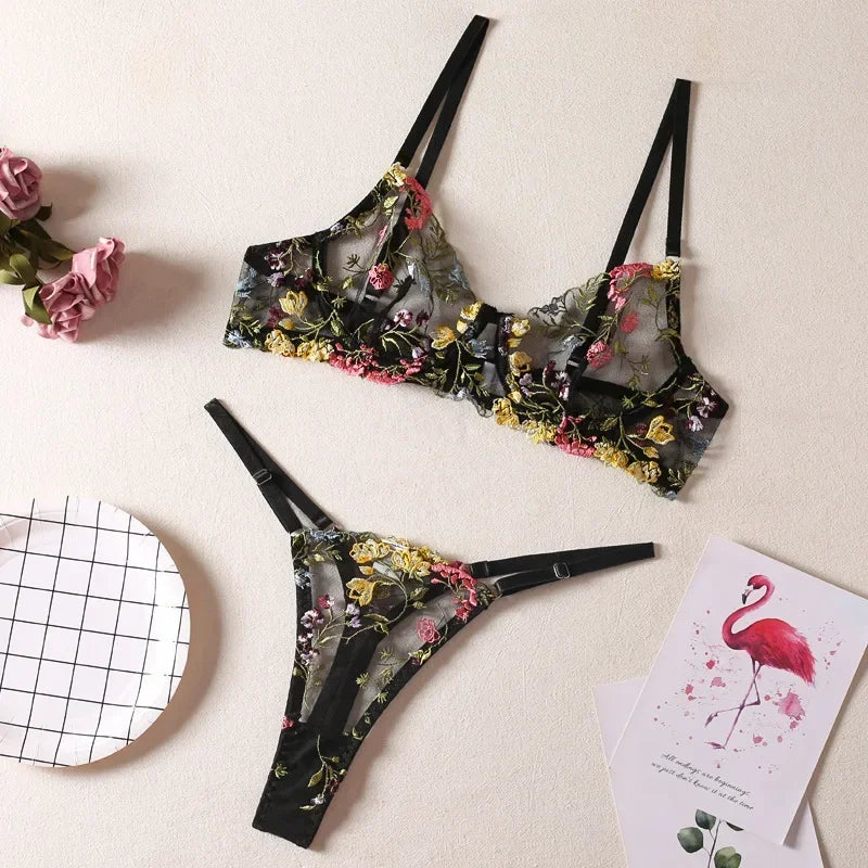 Floral Embroidery Lingerie Set