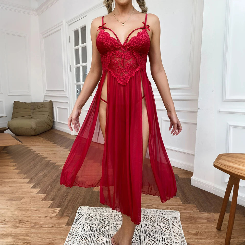 Sexy Lace Solid Women Sleepwear Dress