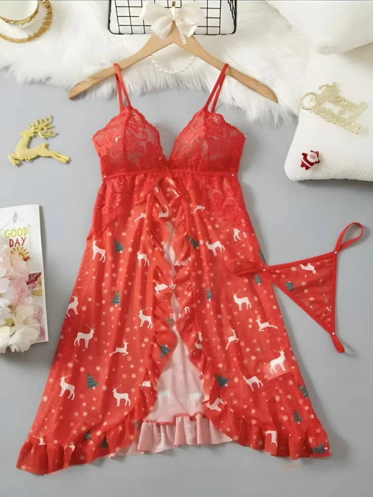 Contrast Lace Ruffle Trim Lingerie Set
