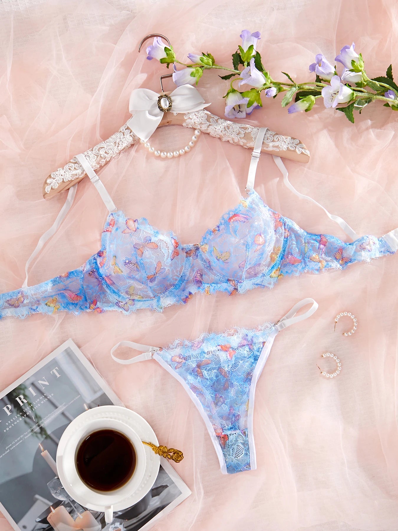 Women's Transparent Blue Butterfly Lace Sexy Lingerie Set