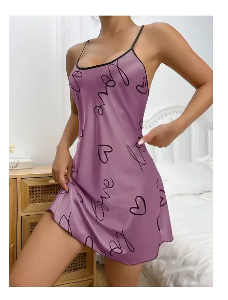 Sleepwear Women's Sexy Lingerie Heart Print Nightdress
