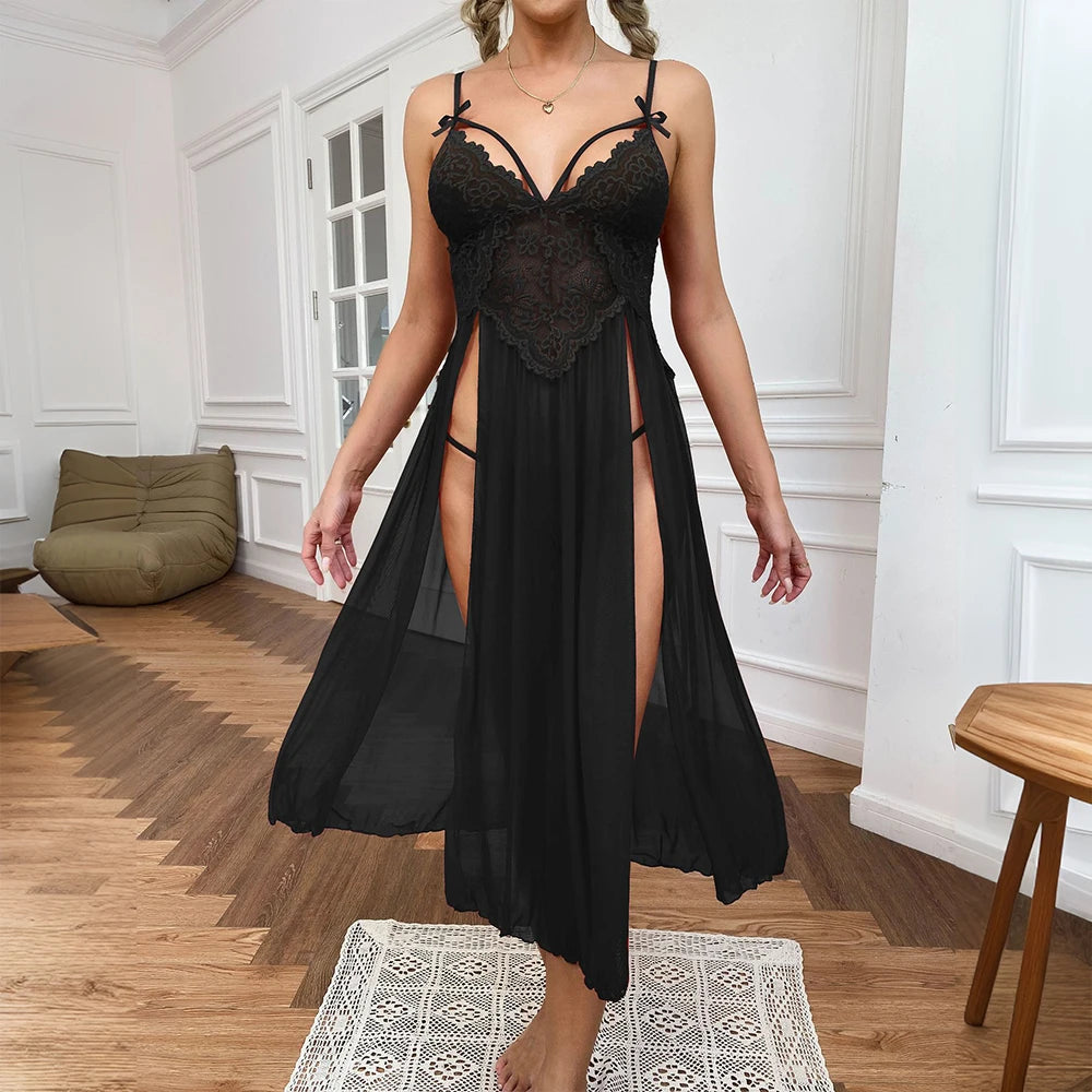 Sexy Lace Solid Women Sleepwear Dress