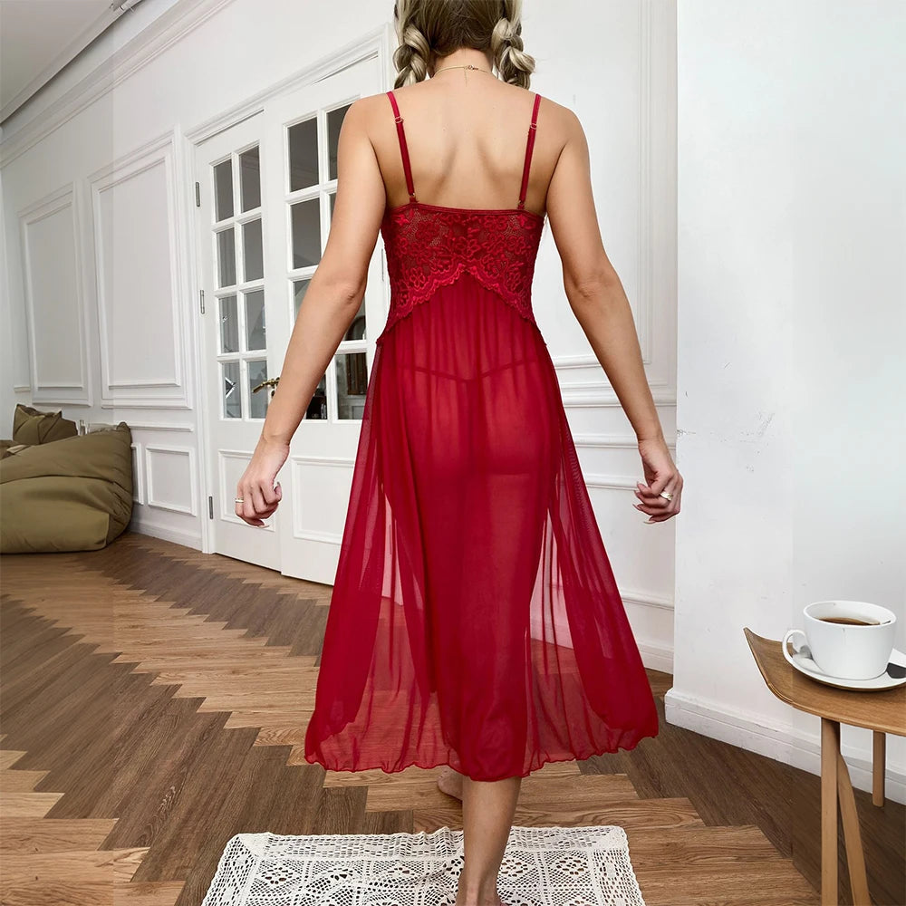 Sexy Lace Solid Women Sleepwear Dress