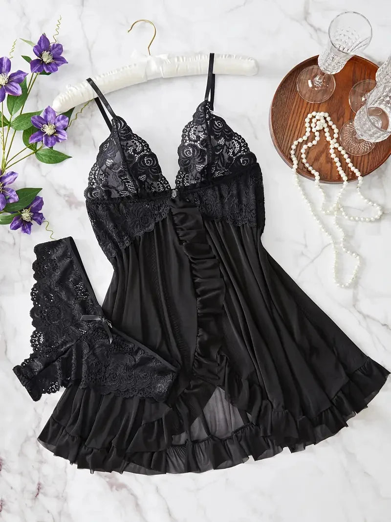 Contrast Lace Ruffle Trim Lingerie Set