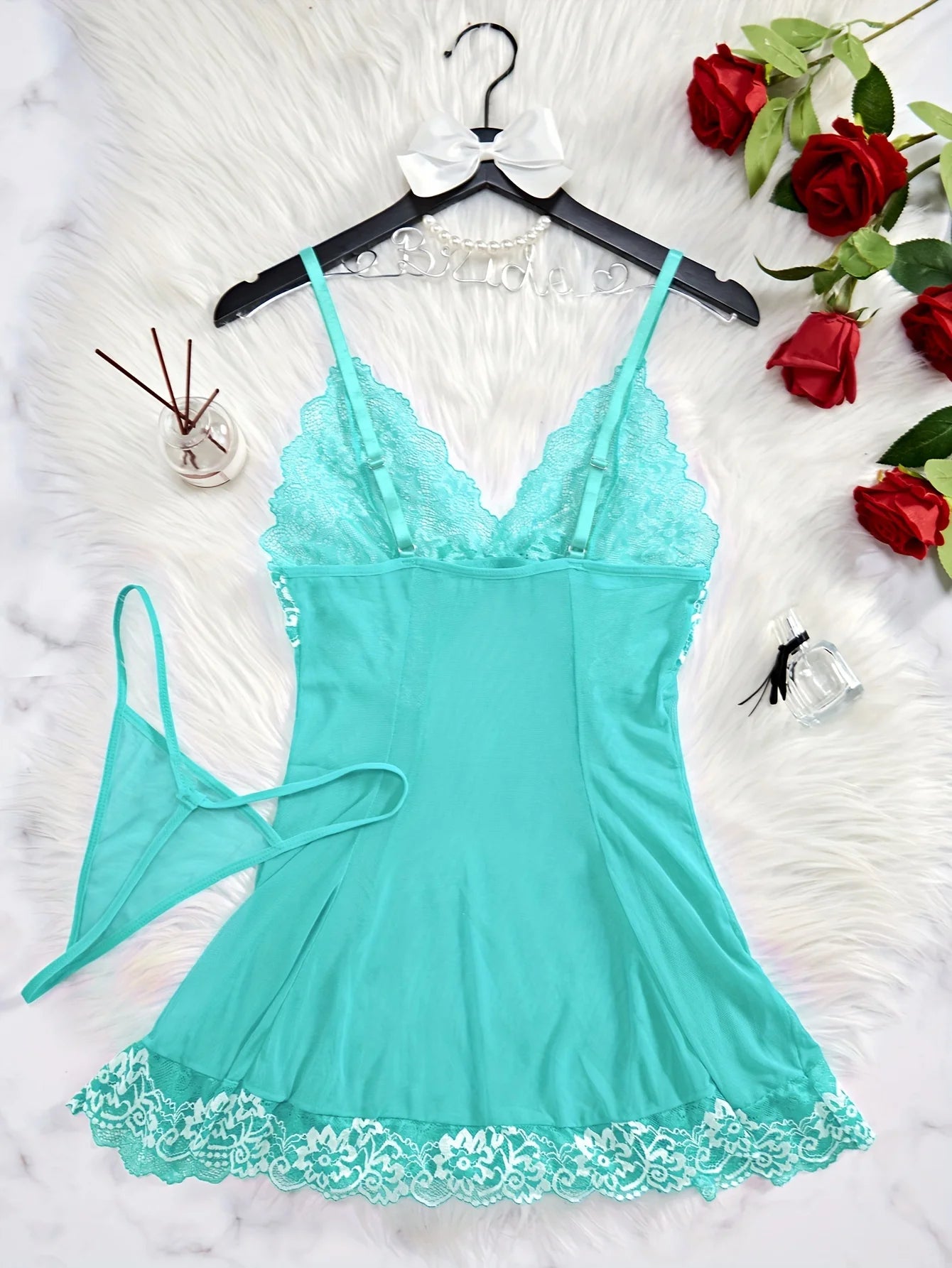 Elegant Semi Sheer V Neck Lace Slip Dress With Thong