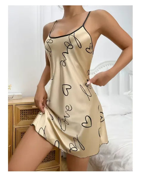 Sleepwear Women's Sexy Lingerie Heart Print Nightdress