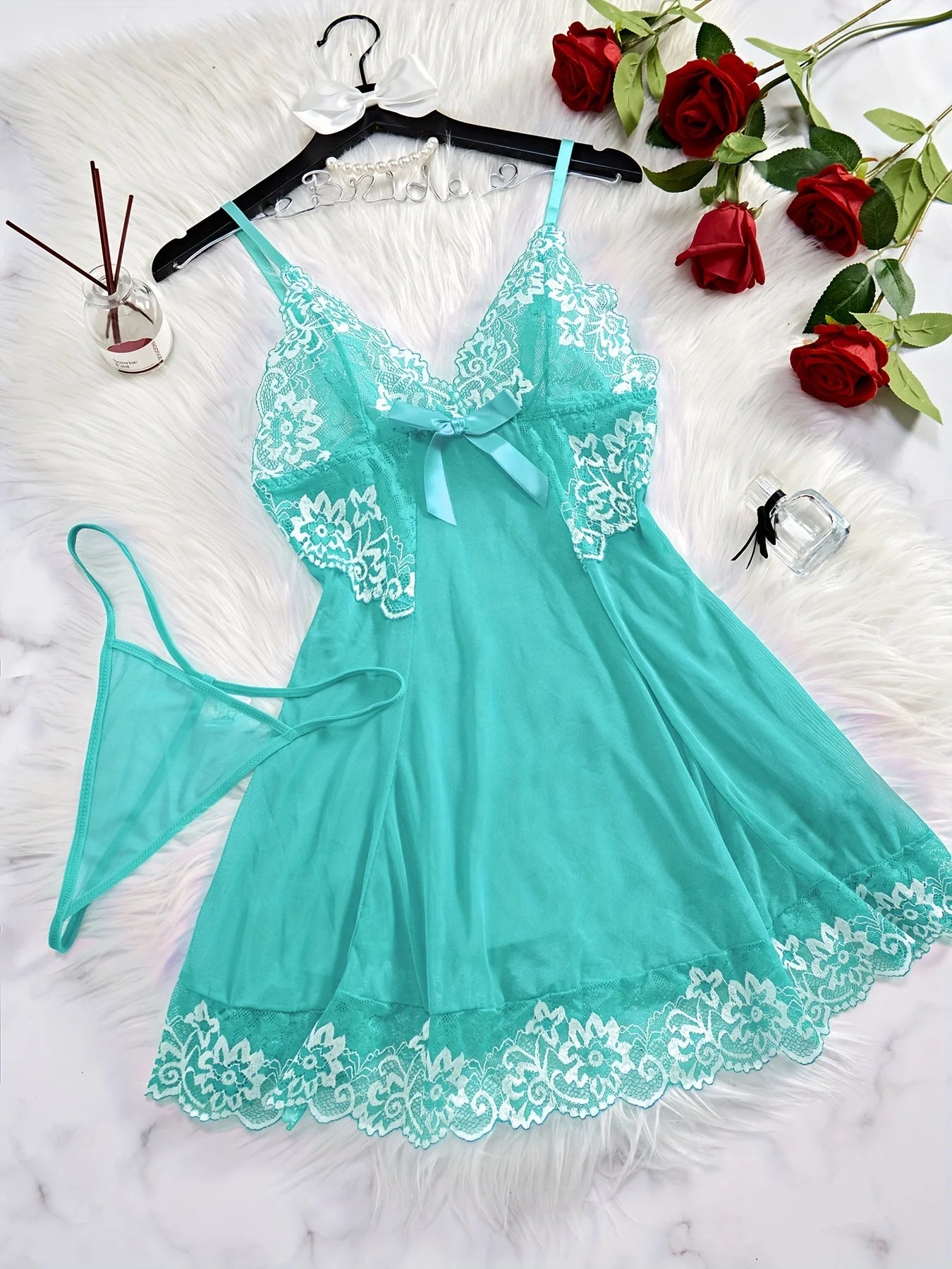 Elegant Semi Sheer V Neck Lace Slip Dress With Thong