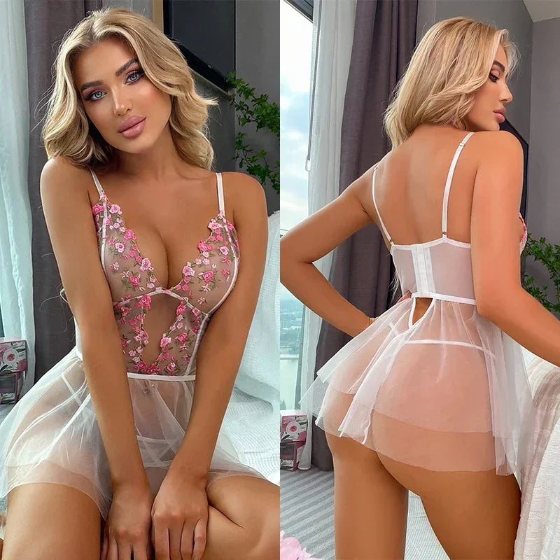 Sexy Women Sexy Lingerie Floral Embroidery Night Dress
