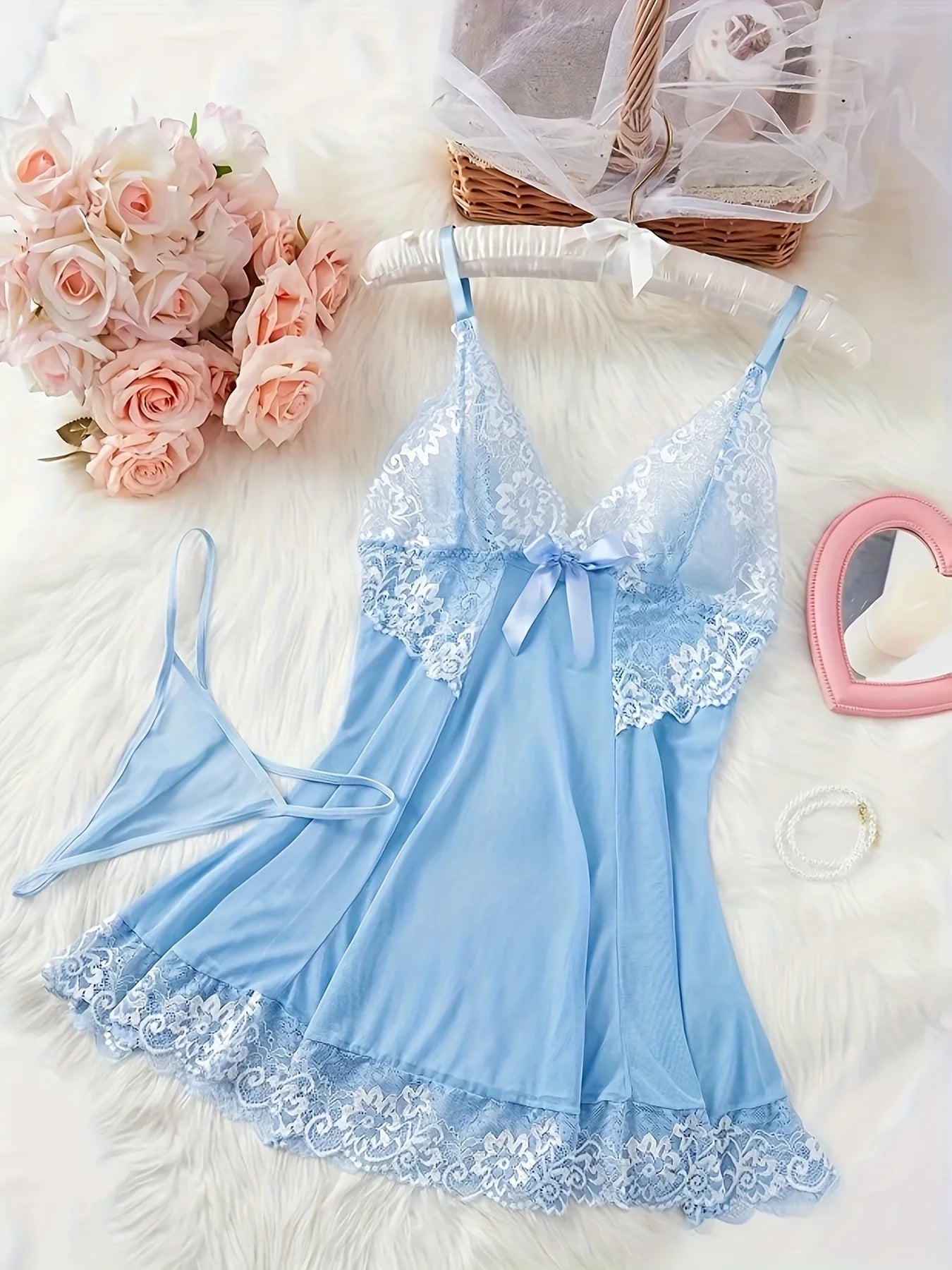 Elegant Semi Sheer V Neck Lace Slip Dress With Thong