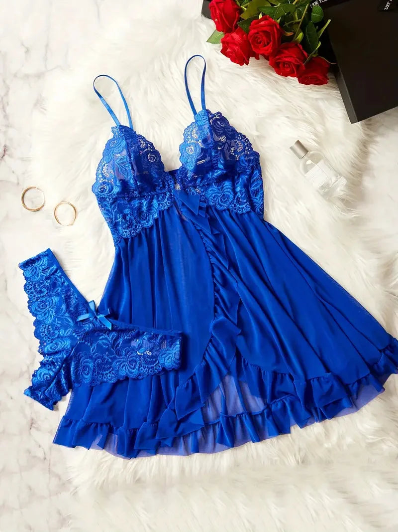 Contrast Lace Ruffle Trim Lingerie Set