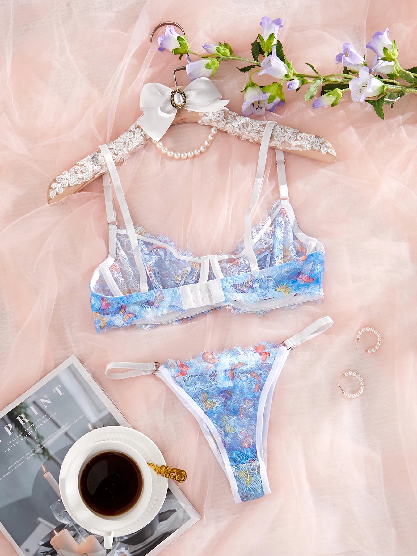 Women's Transparent Blue Butterfly Lace Sexy Lingerie Set
