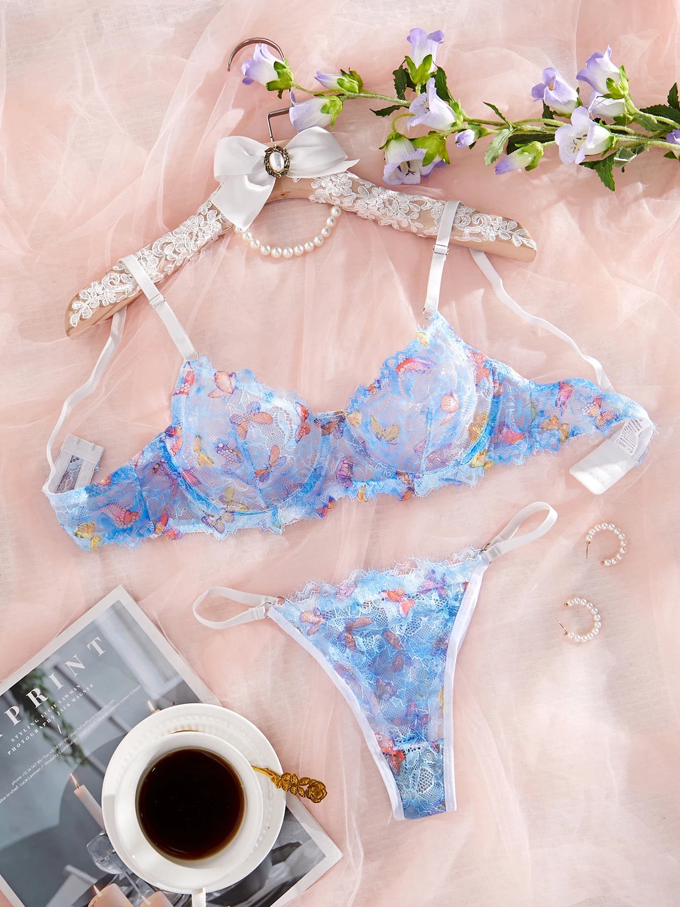 Women's Transparent Blue Butterfly Lace Sexy Lingerie Set